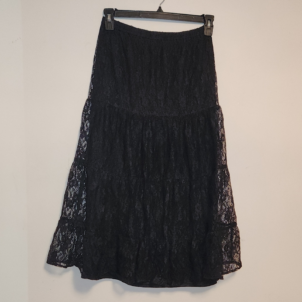 White Stage Whimsigoth Black Lace Tiered Midi/maxi Skirt Size S